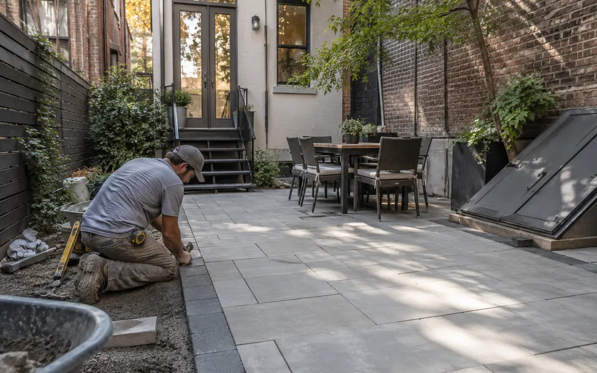 Finished paver patio and outdoor living space at a residential property