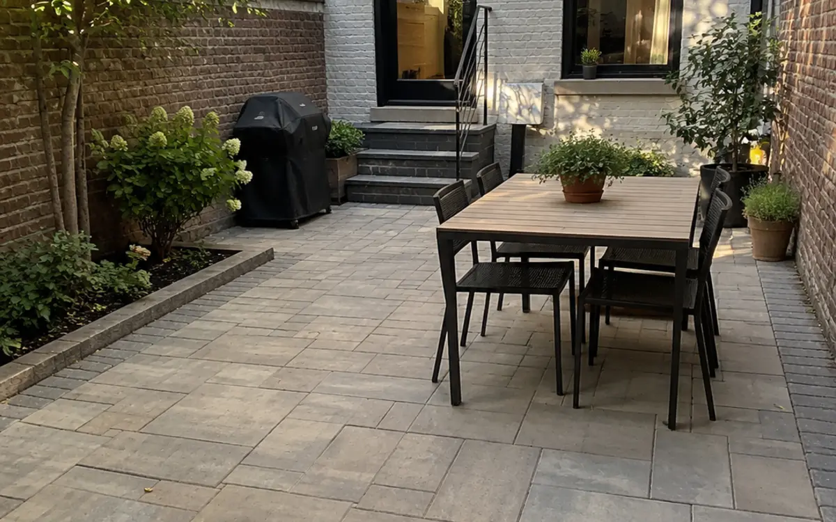 Paver patio with curved seating walls and outdoor living area