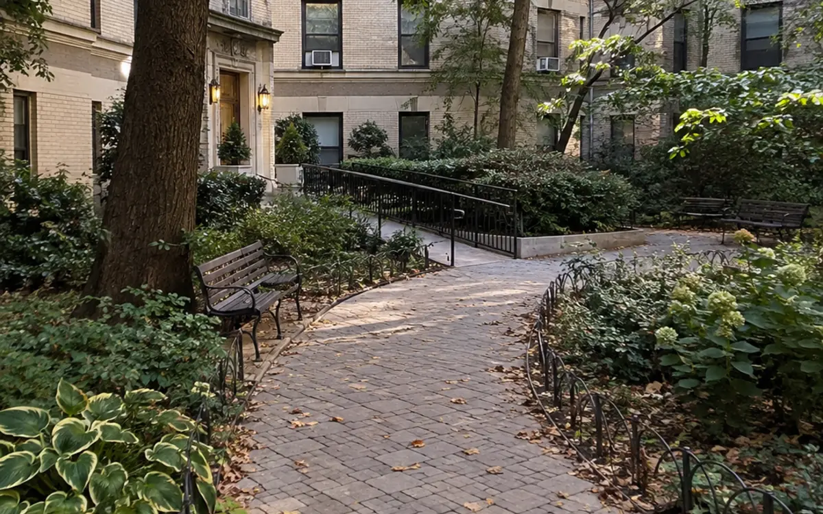 Finished residential paver walkway with landscaped edges and clean paving pattern