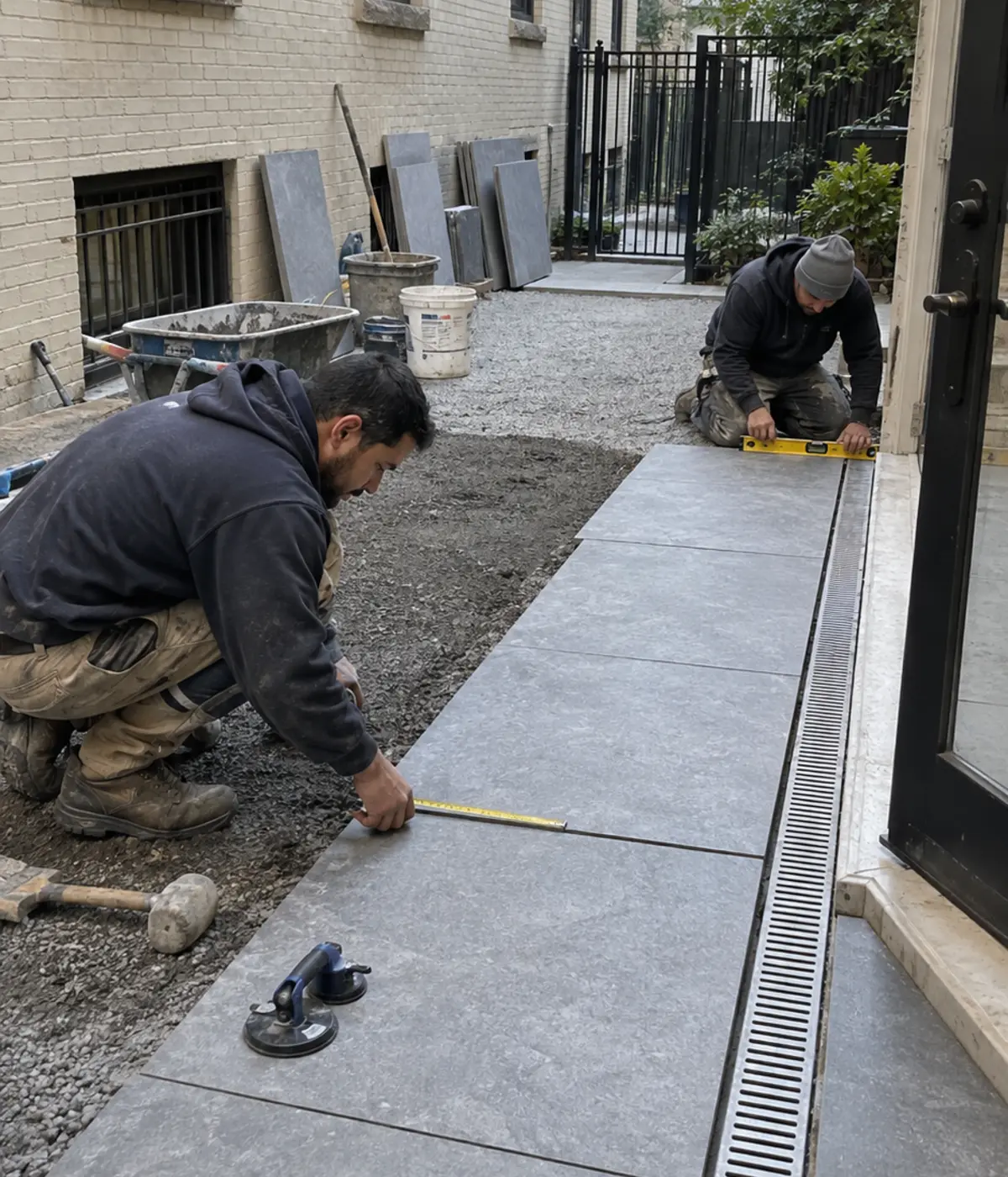 Large-format porcelain paver patio in a landscaped urban townhouse backyard
