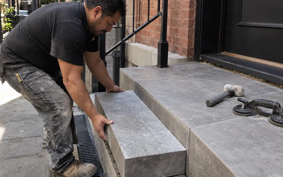 Exterior steps and landing finished with coordinated large-format porcelain pavers
