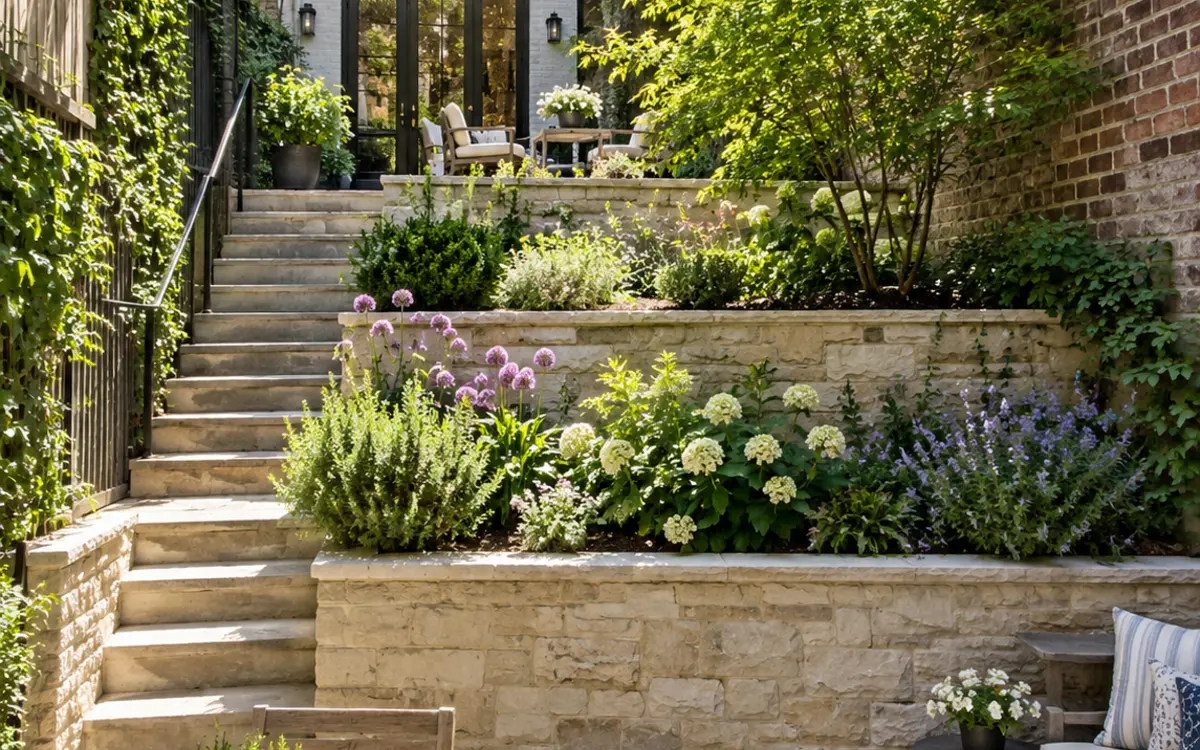 Terraced retaining walls in an NYC townhouse backyard