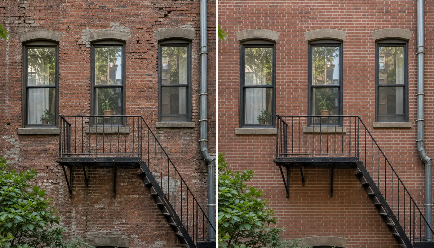 Before and after repointing of an NYC apartment rear brick wall