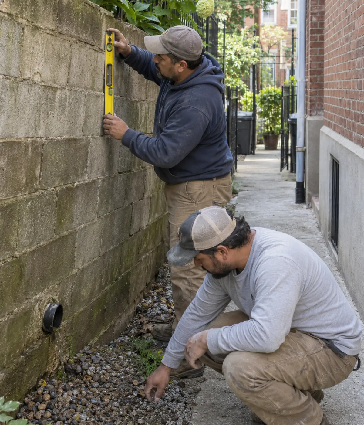 Retaining wall contractors inspecting drainage and wall conditions at an NYC property