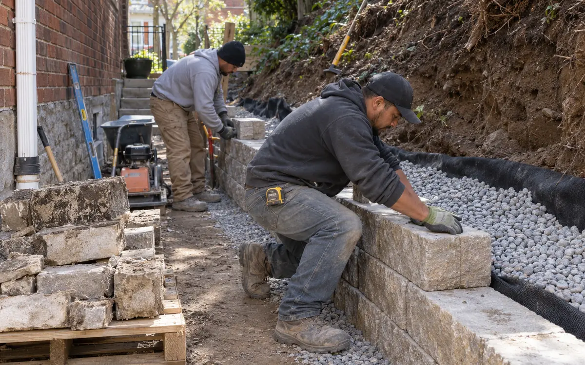 Workers rebuilding a retaining wall in an NYC side yard