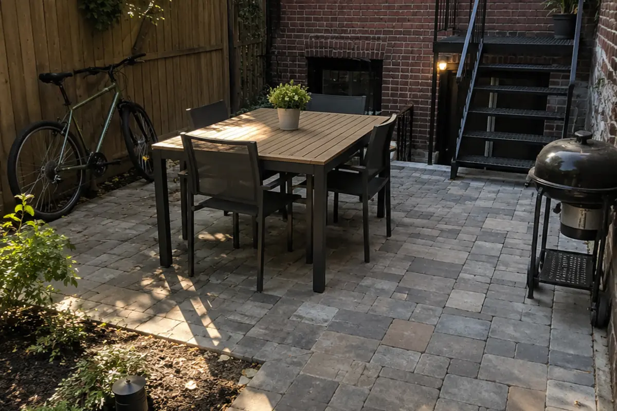 Finished paver patio with landscaped outdoor living area at a residential property