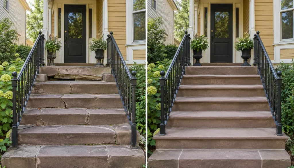 Before and after sandstone step repair at an NYC home