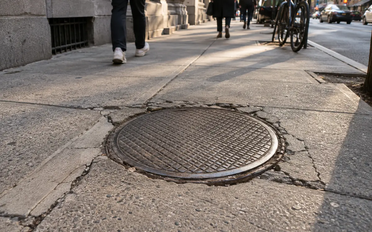 Cracked New York City sidewalk surrounding metal utility covers and pavement hardware