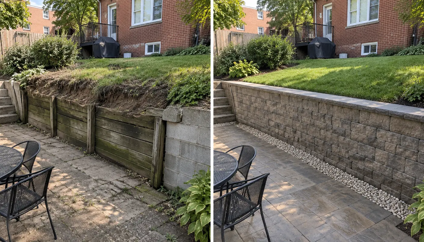 Before and after retaining wall replacement in an NYC backyard