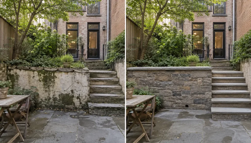 Before and after natural stone retaining wall rebuild in an NYC townhouse garden