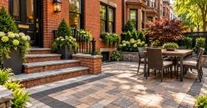 Gray, tan, and charcoal paver patio complementing the red brick exterior of a Brooklyn townhouse.