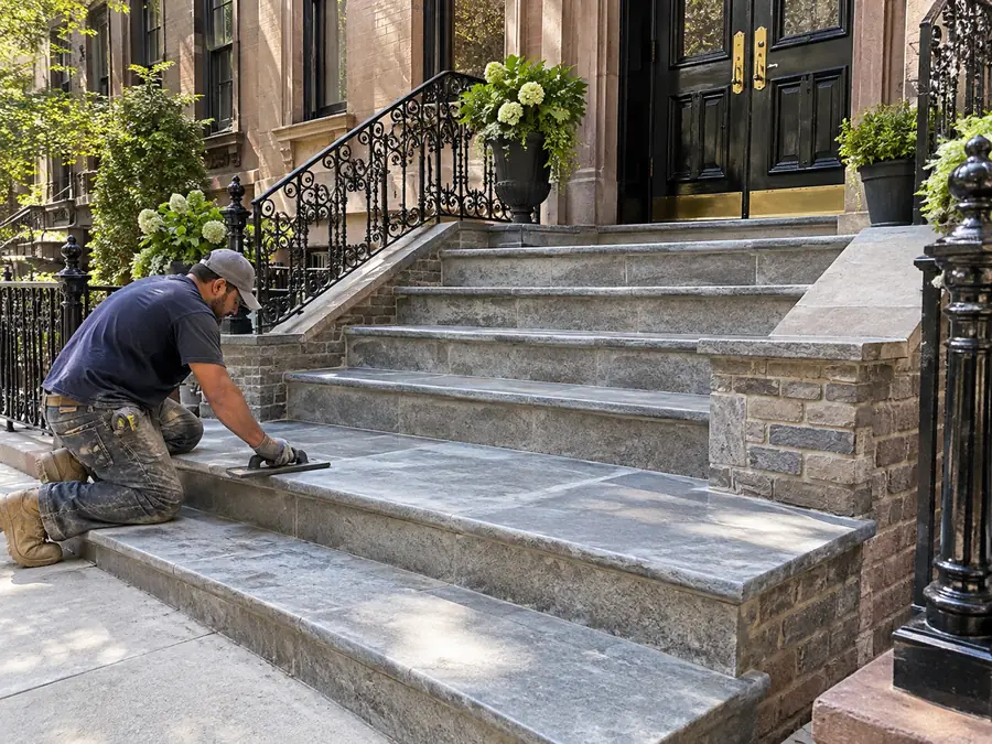 Natural stone exterior steps and landing construction at a New York City brownstone