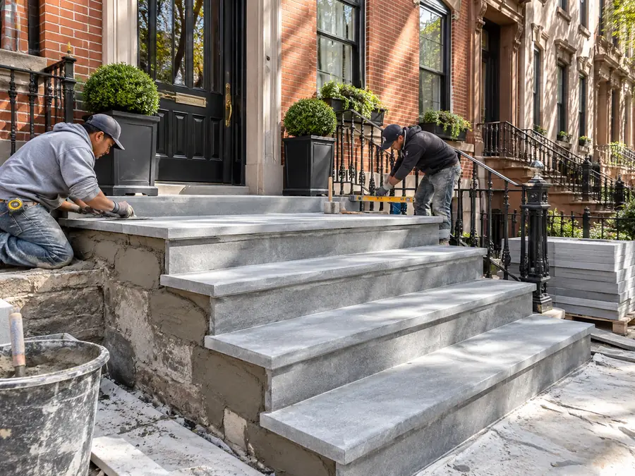 Concrete steps and landing construction at a New York City brownstone entrance