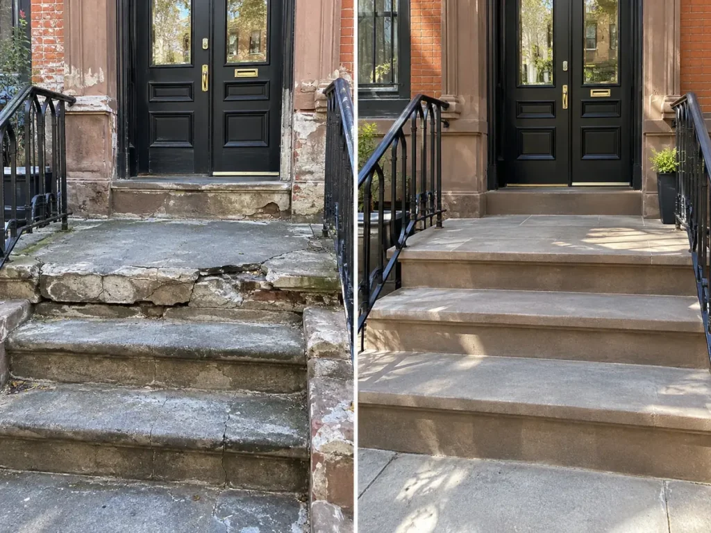 Before and after exterior landing repair and reconstruction at a New York City residential property