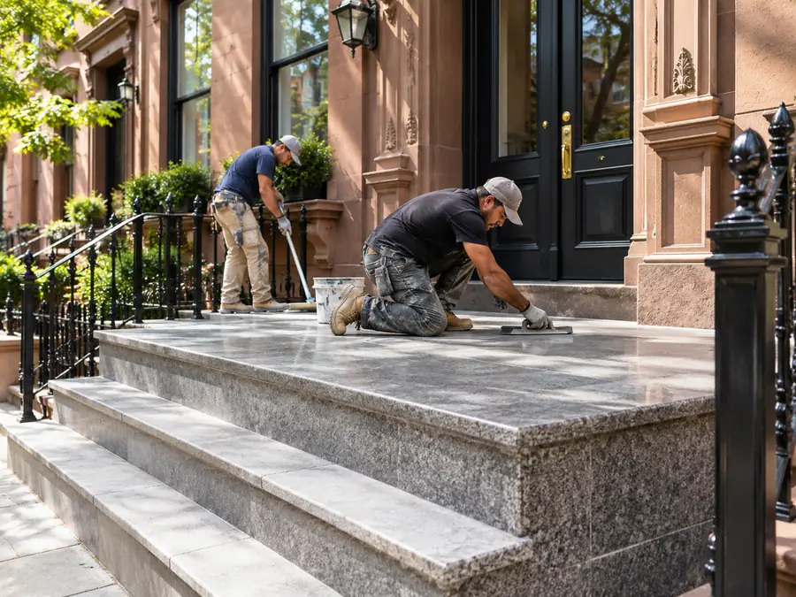 Exterior landing construction at a NYC residential brownstone property