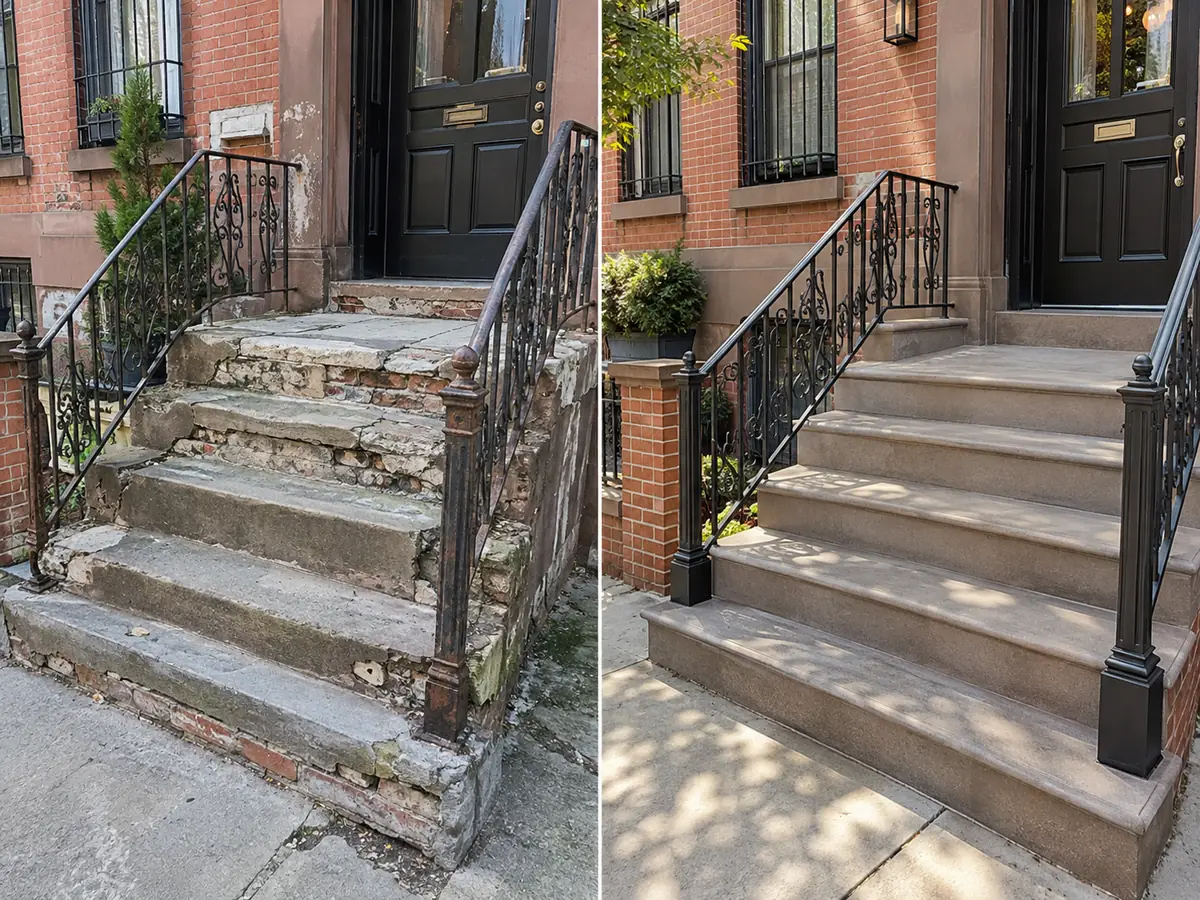 Before and after exterior steps repair and replacement at a New York City brownstone
