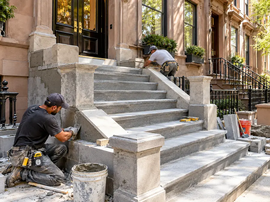 Exterior steps construction at a New York City brownstone entrance