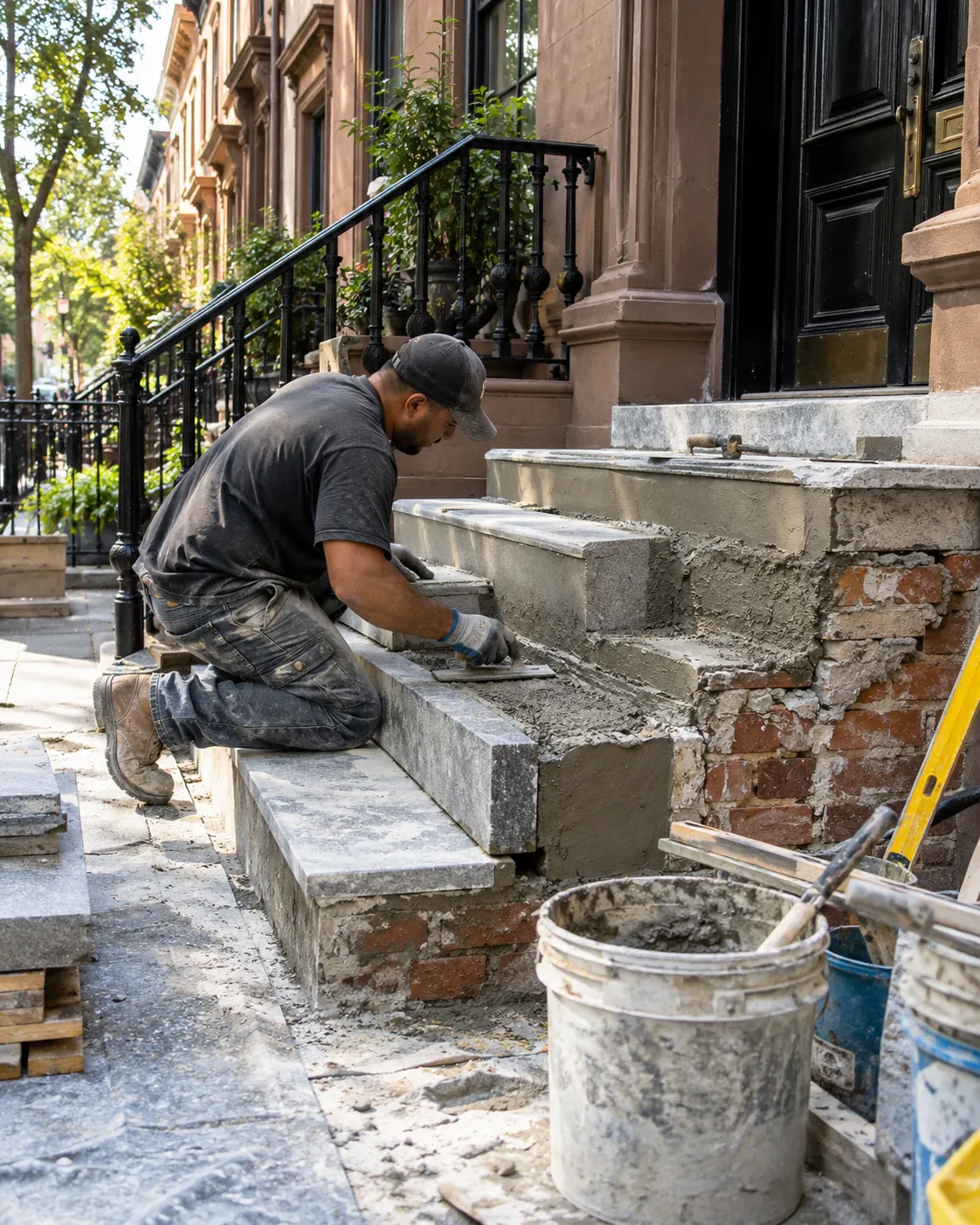 Contractor repairing exterior steps and landing at a New York City brownstone