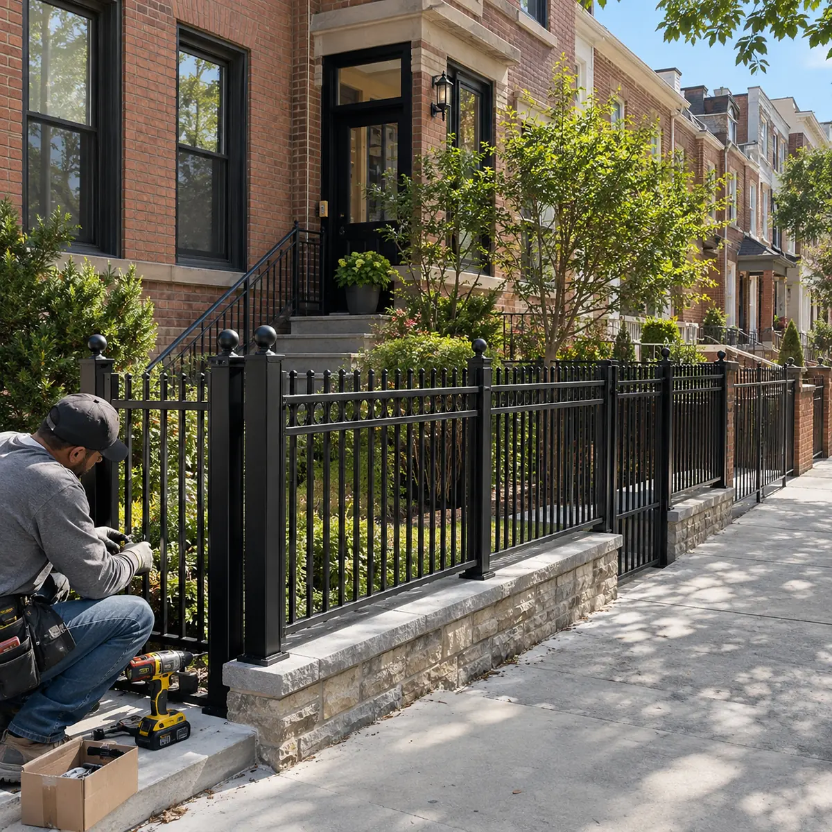 Fence installation contractor installing black metal fencing at a New York City townhouse