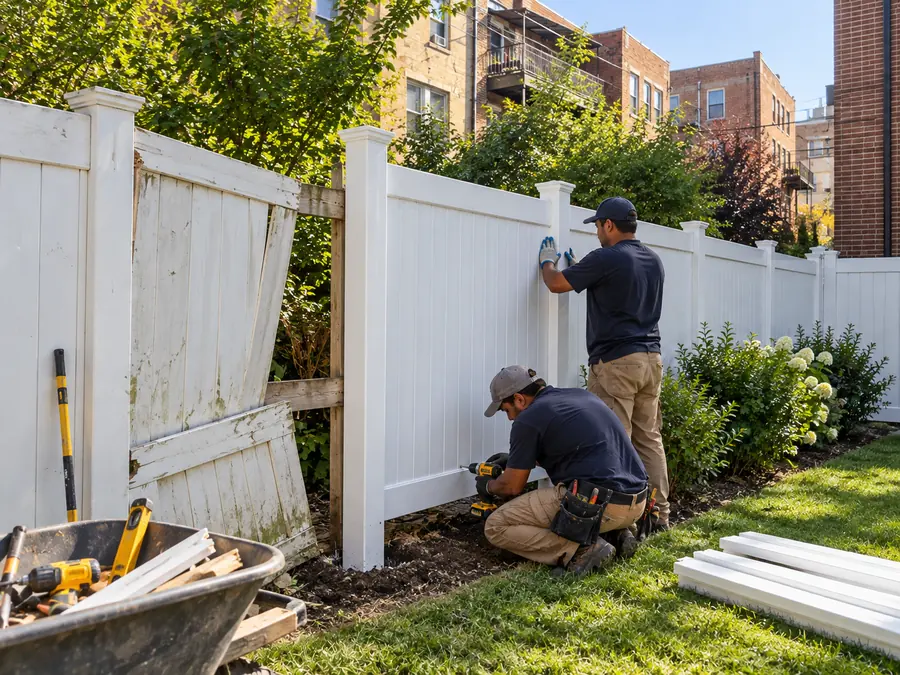Fence contractors replacing damaged fencing at a New York City property