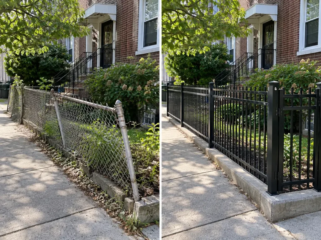 Before and after metal fence installation at a New York City residential property