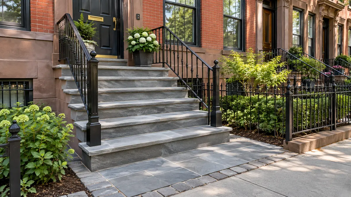 Paver steps and bluestone front entry on a Brooklyn row home with brick exterior and clean walkway.