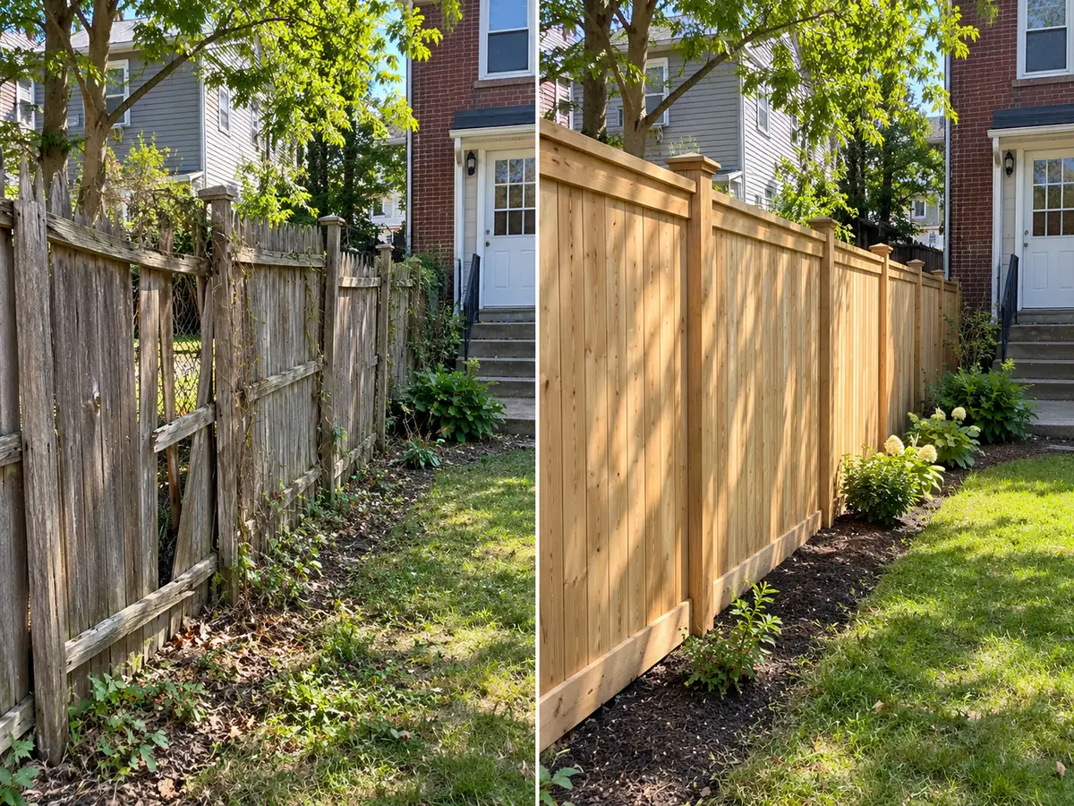 Before and after privacy fence replacement at a New York City residential property
