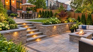 Retaining wall and paver patio in a sloped NYC backyard with stone steps and landscaped garden areas.