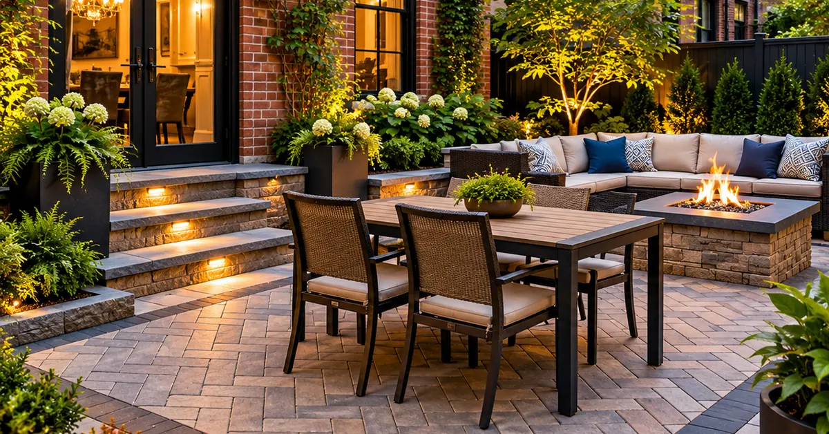 Small NYC townhouse patio featuring patterned concrete pavers, outdoor seating, and brick walls.