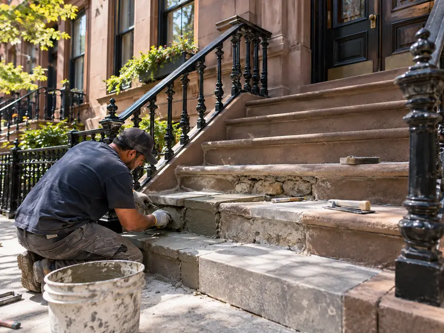 Contractor repairing damaged exterior steps and landing at a New York City brownstone