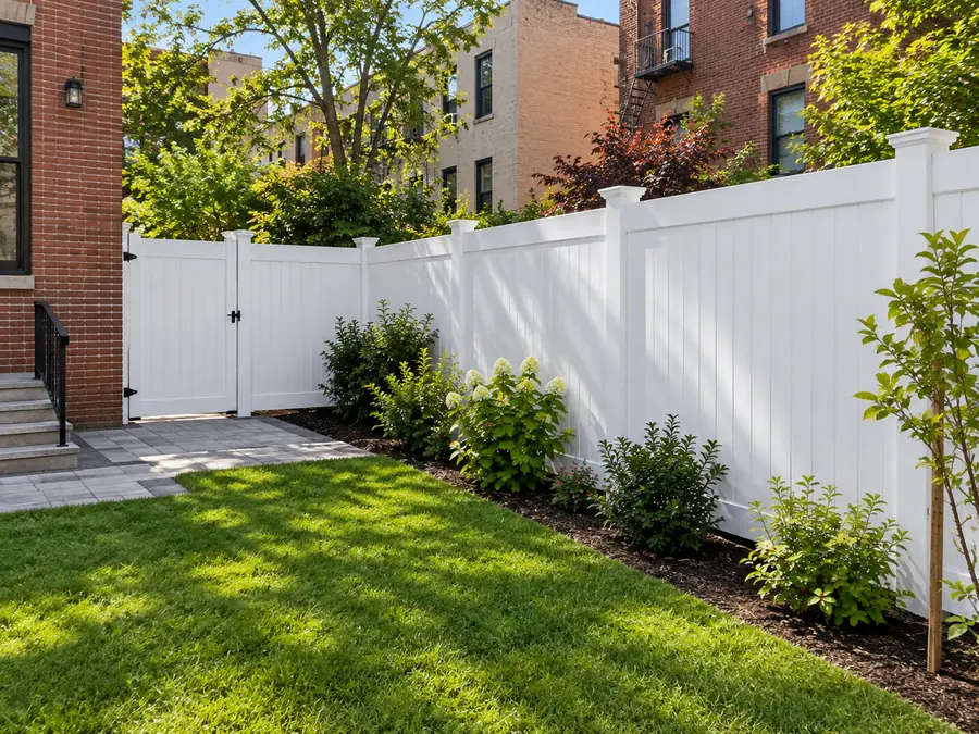 White vinyl fence installation around a New York City backyard